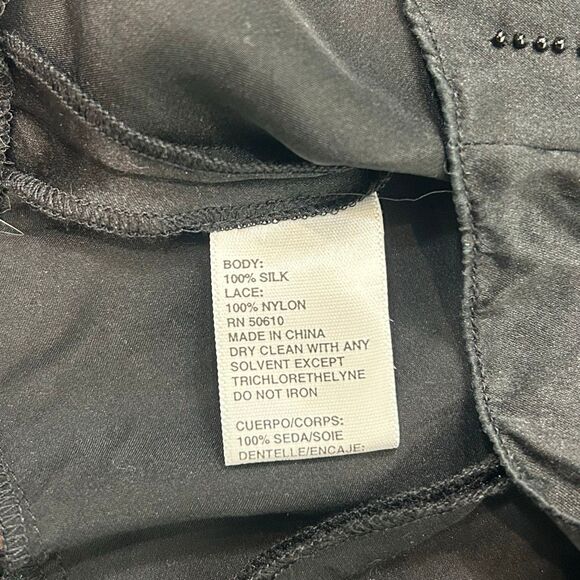 Vintage Anne Klein Top Blouse XS Black Silk y2k 90s Lace Trim Cami Asymmetrical - Picture 3 of 12